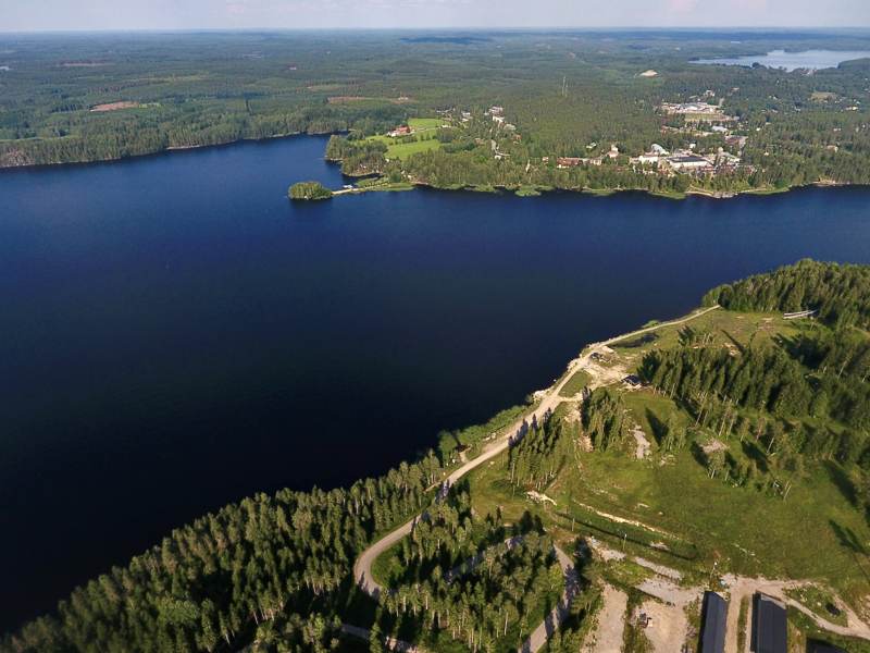 Aerial view of the lake, forest and Ruokolahti area.