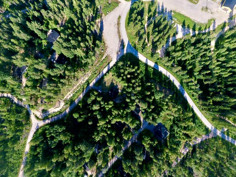 Aerial view of the wooded plot and access roads.