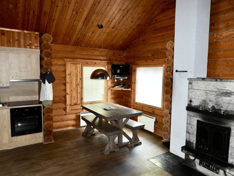 Living area with fireplace and dining table.